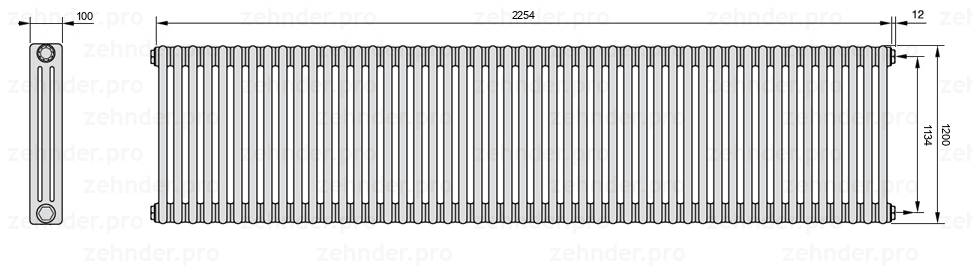 Схема (чертеж) Радиатор Zehnder Charleston 3120/49 №7610 Белый глянцевый RAL 9016